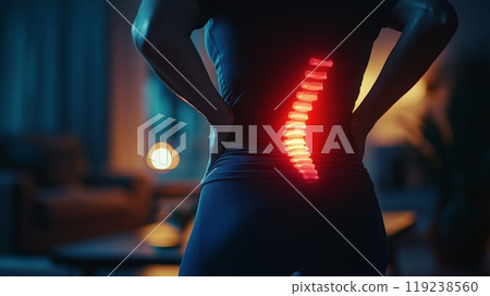Woman is holding her lower back, highlighting a painful red glow on her spine. She is experiencing discomfort after a workout session 119238560