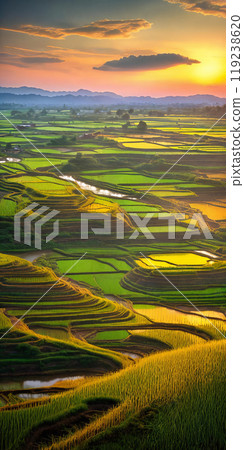 Green rice terraces bask in sunset glow 119238620
