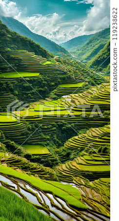 Green rice terraces bask in sunset glow 119238622