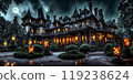 Chilling backdrop of a grand haunted mansion with flickering lights and ghostly apparitions 119238624