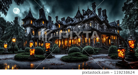 Chilling backdrop of a grand haunted mansion with flickering lights and ghostly apparitions 119238624