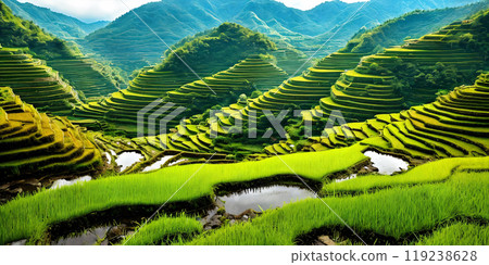 Green rice terraces bask in sunset glow 119238628