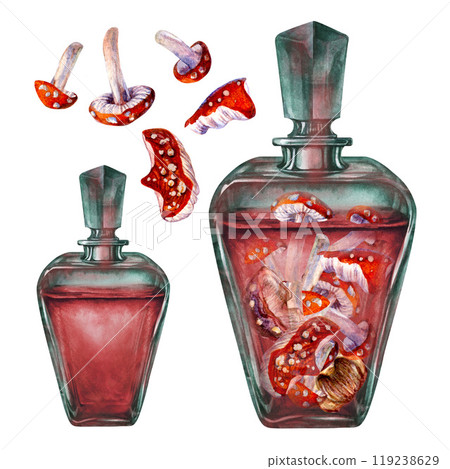 Transparent dark glass vintage bottle with liquid and poisonous mushrooms fly agarics. Watercolor illustration template for witch magic potion, alchemy, Halloween, medicine, fairy dreams, aromatherapy 119238629