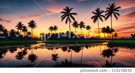 Green rice terraces bask in sunset glow 119238630