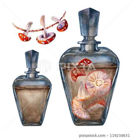 Transparent dark glass vintage bottle with liquid and poisonous mushrooms fly agarics. Watercolor illustration template for witch magic potion, alchemy, Halloween, medicine, fairy dreams, aromatherapy 119238631