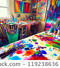 Collection of artistically arranged paintbrushes and tubes of colorful acrylic paints on a messy studio table. 119238636