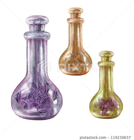 Transparent glass vintage bottles with poisonous mushrooms toadstools. Watercolor illustration template for witch magic potions, alchemy, Halloween, medicine, fairy dreams, beauty spa 119238637