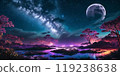 A breathtaking scene on Paradise fantasy planet, a night sky filled with moonlight and nebulae 119238638