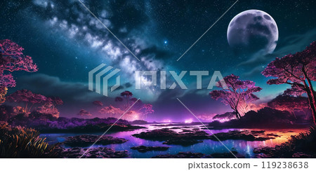 A breathtaking scene on Paradise fantasy planet, a night sky filled with moonlight and nebulae 119238638