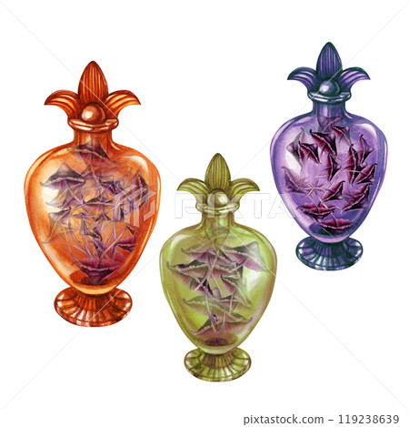 Transparent glass vintage bottles with poisonous mushrooms toadstools. Watercolor illustration template for witch magic potions, alchemy, Halloween, medicine, fairy dreams, beauty spa 119238639