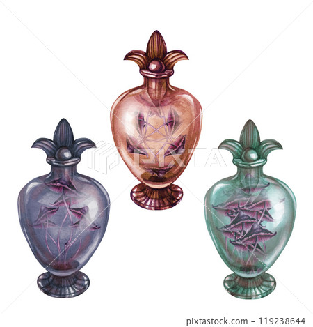 Transparent glass vintage bottles with poisonous mushrooms toadstools. Watercolor illustration template for witch magic potions, alchemy, Halloween, medicine, fairy dreams, beauty spa 119238644