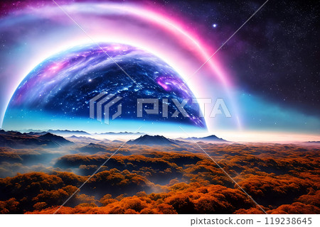 A mesmerizing planet with stunning rings encircling its majestic presence 119238645