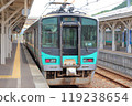 JR Obama Line 125 series train parked at platform 1 at Obama Station (JR West Japan) 119238654