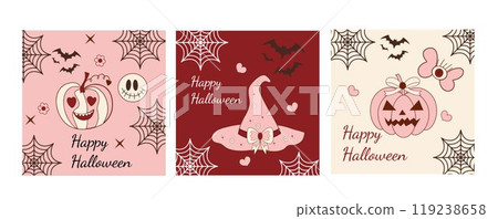 Pink girly coquette halloween card set. Vector illustration. 119238658