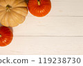 Halloween background with pumpkins. Flat lay. Frame with Halloween figures on white table, top view. Hallowen decorations for greeting and invitation. Happy Helloween concept. Holidays background 119238730