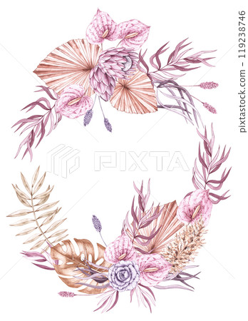 Watercolor tropical boho wreath with flowers 119238746