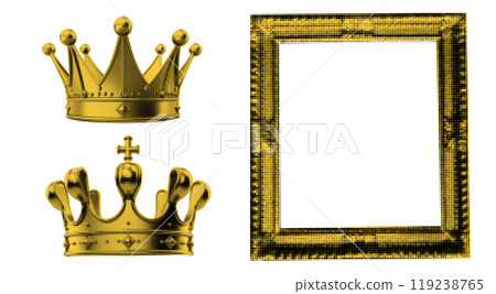 Gold glitter collage photo frame template with a transparent crown set. Retro scrapbook layout featuring a doodle elements 119238765