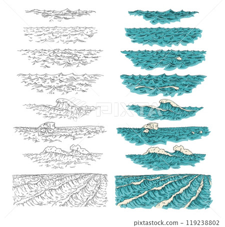 Sea waves. Vintage vector engraving color illustration. Isolated on white 119238802