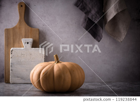 Raw fresh cut pumpkin on dark background 119238844