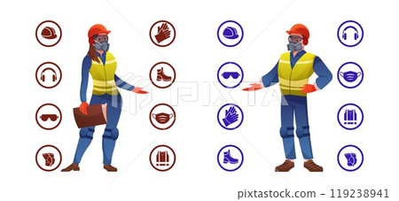 Protection equipment. Person safety. PPE construction work wear. Worker security. Protective gloves and hardhat helmet. Harness industry. Professional workman uniform. Vector cartoon set 119238941