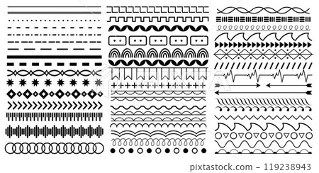Border lines set. Star, dot and wave frames, simple wavy beak design. Square and circle interface dividers sketch collection. Geometric and doodle forms. Vector isolated elements Border lines set. Star, dot and wave frames, simple wavy beak design. Square and circle interface dividers sketch collection. Geometric and doodle forms. Vector isolated elements 119238943