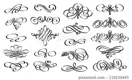 Flourish ornament. Swirl decor element, filigree calligraphy line for text design, fancy accent. Decorative underline isolated elements for card and poster. Wedding invitation. Vector graphic 119238945