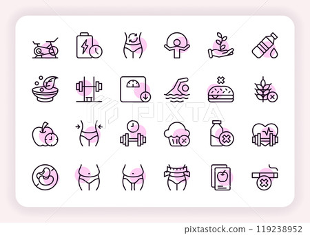 Nutrition icons. Vitamin diet. Fitness workout. Body health slimming. Gym sport exercise. Protein and fats. Weight loss. Vegan food pack with calories and enzyme. Vector line symbols set 119238952