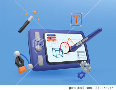 Web design tablet. 3D digital graphic tool. Education or artist pen render. Mobile stylus. Photo editing. Designer application. Creative display. Online editor interface. Vector concept Web design tablet. 3D digital graphic tool. Education or artist pen render. Mobile stylus. Photo editing. Designer application. Creative display. Online editor interface. Vector concept 119238957