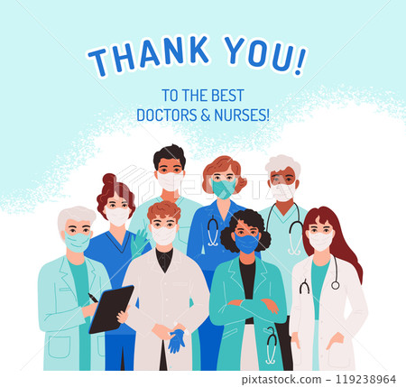 Doctor team. Medic nurse staff in mask, health care group in hospital. Professional woman healthcare hero. Men and women standing. Poster or card. Vector cartoon people, isolated illustration 119238964