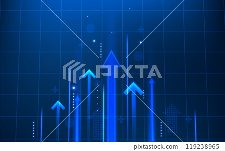 Growth background. Arrow up, financial business strategy on market. Success graph chart, trade grid. Blue background with glowing elements. Financial company abstract design. Vector concept Growth background. Arrow up, financial business strategy on market. Success graph chart, trade grid. Blue background with glowing elements. Financial company abstract design. Vector concept 119238965