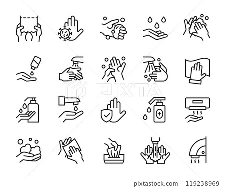 Hand wash icons. Clean palms with water and soap suds. Rub foam dryer and wipe signs. Outline towel and paper napkin. Cleanser bottle dispenser. Arm sanitizer. Vector hygiene symbols set 119238969