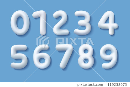 3D numbers. White snow font. Balloon alphabet design. Birthday party elements. Realistic sale and anniversary icons. Typography letters. Birthday decoration. Vector numeral signs set 3D numbers. White snow font. Balloon alphabet design. Birthday party elements. Realistic sale and anniversary icons. Typography letters. Birthday decoration. Vector numeral signs set 119238973