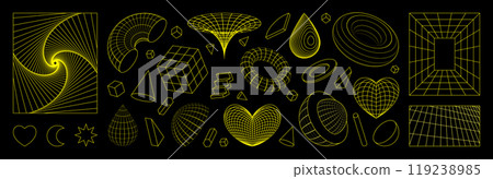 Y2K shapes. 3D retro graphic figures. Line heart. Globe and vortex. Sticker with grid pattern. Tech wireframe surface. Cool geometry art. Abstract cyber line sphere. Vector icons set Y2K shapes. 3D retro graphic figures. Line heart. Globe and vortex. Sticker with grid pattern. Tech wireframe surface. Cool geometry art. Abstract cyber line sphere. Vector icons set 119238985