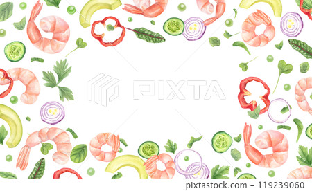 Pink tiger shrimp, vegetables, greens salad ingredients watercolor illustration. Boiled prawn, onion rings, cucumber slices, sweet pepper, avocado, green peas horizontal frame with copy space for text Pink tiger shrimp, vegetables, greens salad ingredients watercolor illustration. Boiled prawn, onion rings, cucumber slices, sweet pepper, avocado, green peas horizontal frame with copy space for text 119239060