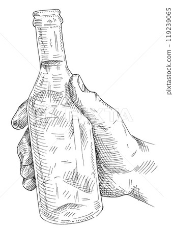 Male hand holding and clinking beer bottle. Vintage color illustration 119239065