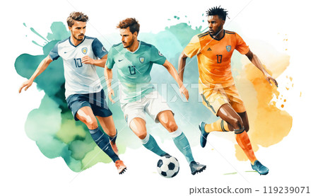 Watercolor illustration of a soccer player dribbling Watercolor illustration of a soccer player dribbling 119239071