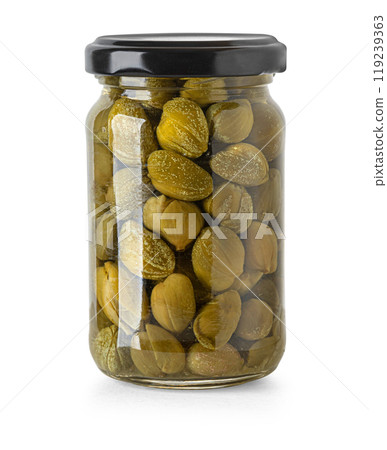 Full glass jar of pickled capers 119239363