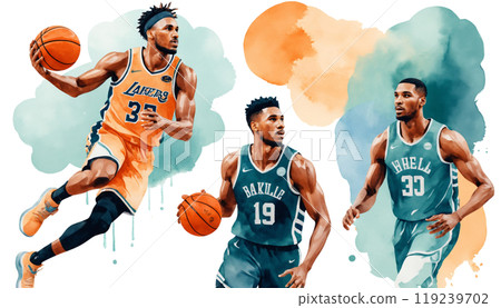 Illustration of a basketball player dribbling | Watercolor style Illustration of a basketball player dribbling | Watercolor style 119239702