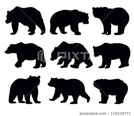Bear Vector Silhouette Set Isolated on White Background. Brown Grizzly Bears and Polar Bears 119239771
