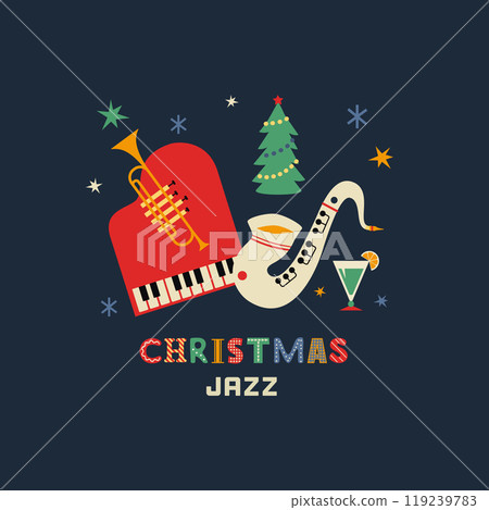 Christmas holiday Jazz fancy vector icon. Saxophone, trumpet, piano cartoon design element. Jazz music club x-mas holidays invitation template. Christmas party live music event background illustration 119239783