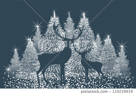 Christmas background winter forest and deer. Winter background. Pine, spruce, christmas tree. Snowy graphic trees seamless pattern panorama view. hand drawing. Not AI, Vector illustrations. Christmas background winter forest and deer. Winter background. Pine, spruce, christmas tree. Snowy graphic trees seamless pattern panorama view. hand drawing. Not AI, Vector illustrations. 119239919