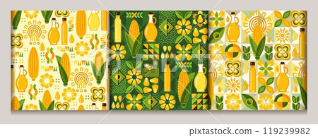 Seamless geometric patterns with icons of corn cob, maize grains, kernels, corn oil. For branding, decoration of food package, decorative print for kitchen. Seamless geometric patterns with icons of corn cob, maize grains, kernels, corn oil. For branding, decoration of food package, decorative print for kitchen. 119239982