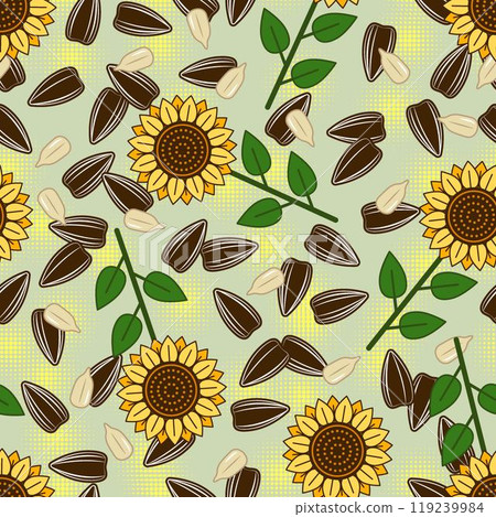 Seamless pattern with scattered striped black sunflower seeds mixed with peeled seeds and icons of sunflower plant. Light green background with yellow halftone circles. For branding, food packaging 119239984
