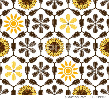 Sunflower seamless pattern with icons of flower heads, black striped seeds, sun in hexagonal grid on white background. Simple flat geometric style. For branding, food packaging, prints 119239985