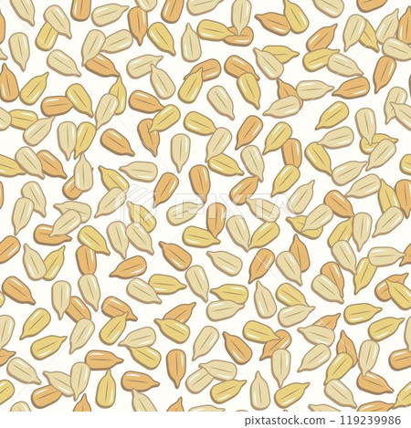 Seamless pattern with scattered peeled roasted sunflower seeds. White background. Simple graphics for branding, food packaging, prints 119239986