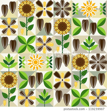 Sunflower seamless pattern with icons, abstract geometric shapes. Flowers, black striped seeds, leaves on light colored mosaic background. Simple flat style. For branding, food packaging, prints 119239987