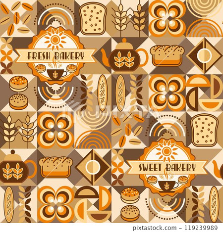 Seamless pattern with bakery themed icons, bread, logo, abstract geometric shapes on dark mosaic background. For branding of food packaging, decorative prints for kitchen 119239989