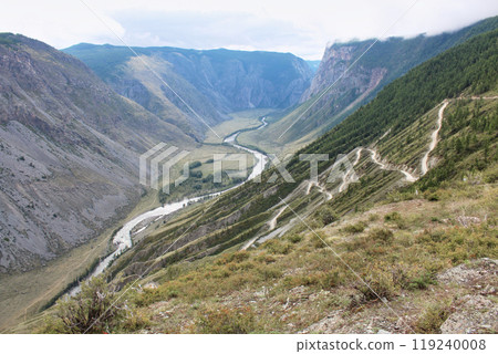 View from Katu-Yaryk pass to Chulyshman valley. Mountains dangerous road. Altai 119240008