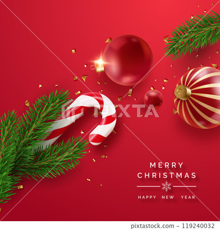 Christmas scene featuring a candy cane, baubles, pine branches, and confetti on a red background 119240032