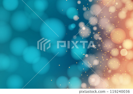 Abstract bokeh background with soft, overlapping circles in blue and orange hues with small glowing particles 119240036